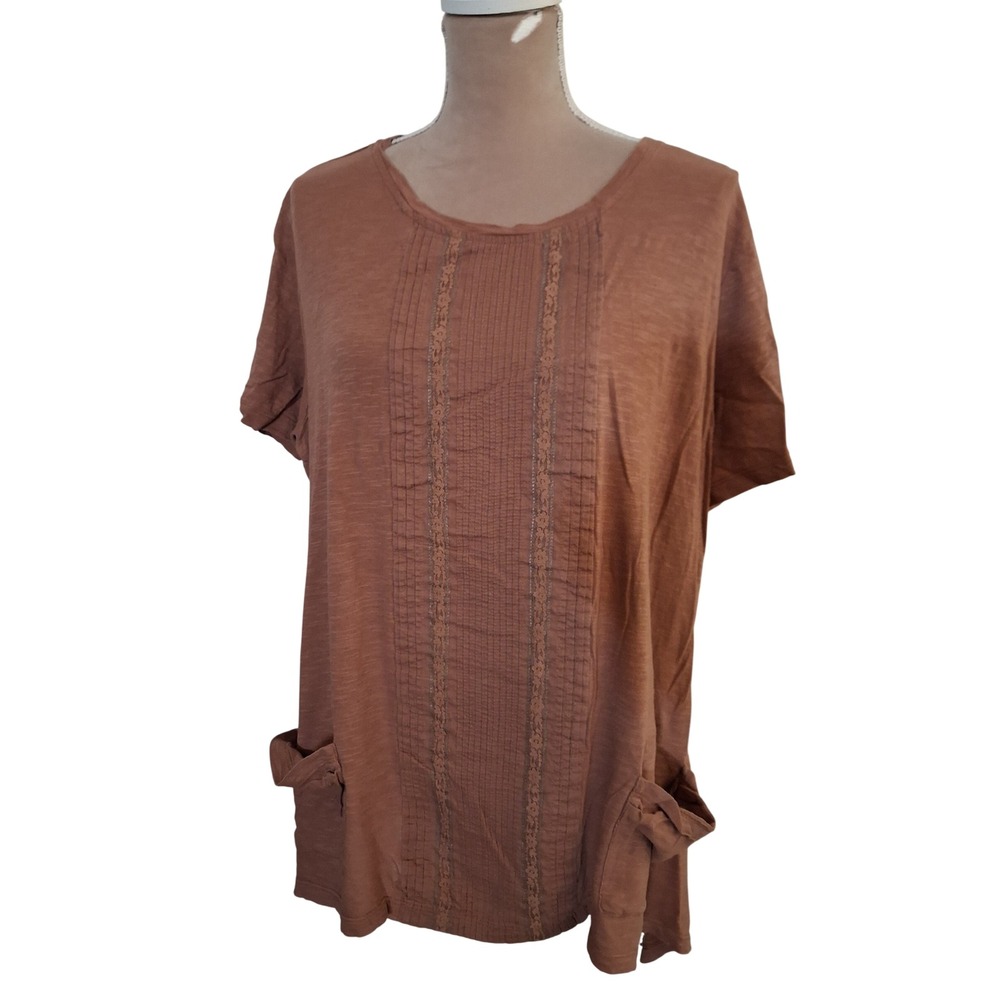 LOGO Lori Goldstein Terracotta Pintuck Lace Pocket Tunic Top XL